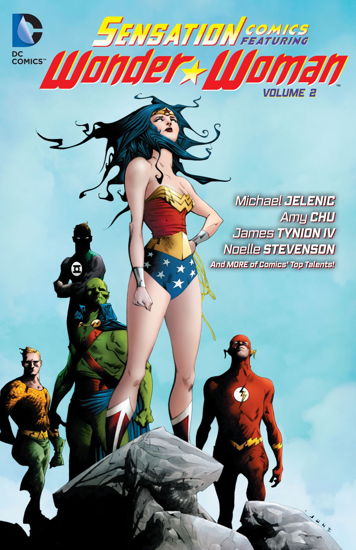 Wonder Woman stands with Green Lantern, Aquaman, the Martian Manhunter, and the Flash behind her on the cover of Sensation Comics Featuring Wonder Woman Vol. 2.