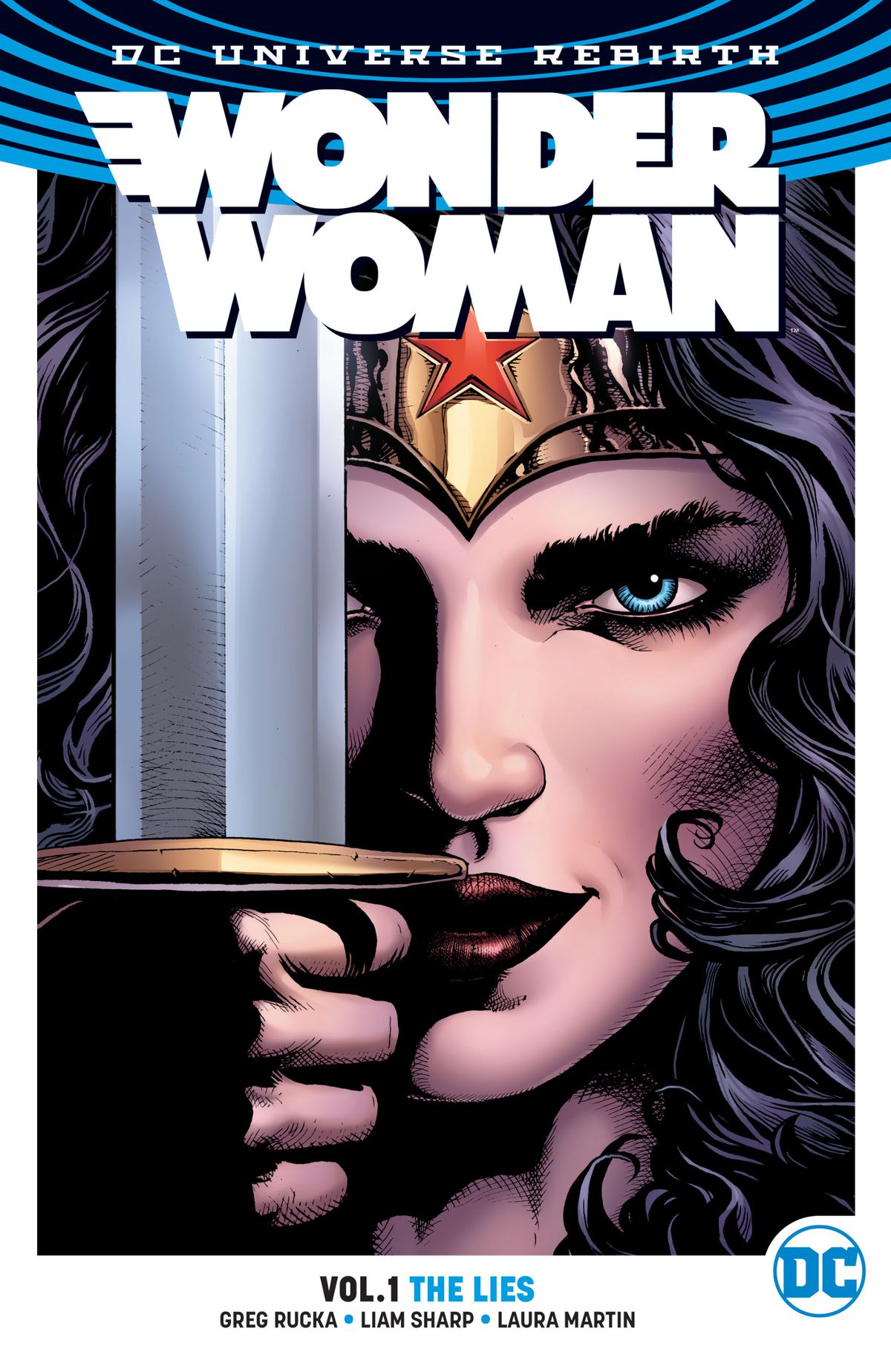 Wonder Woman raises her sword before her face on the cover of Wonder Woman: The Lies.