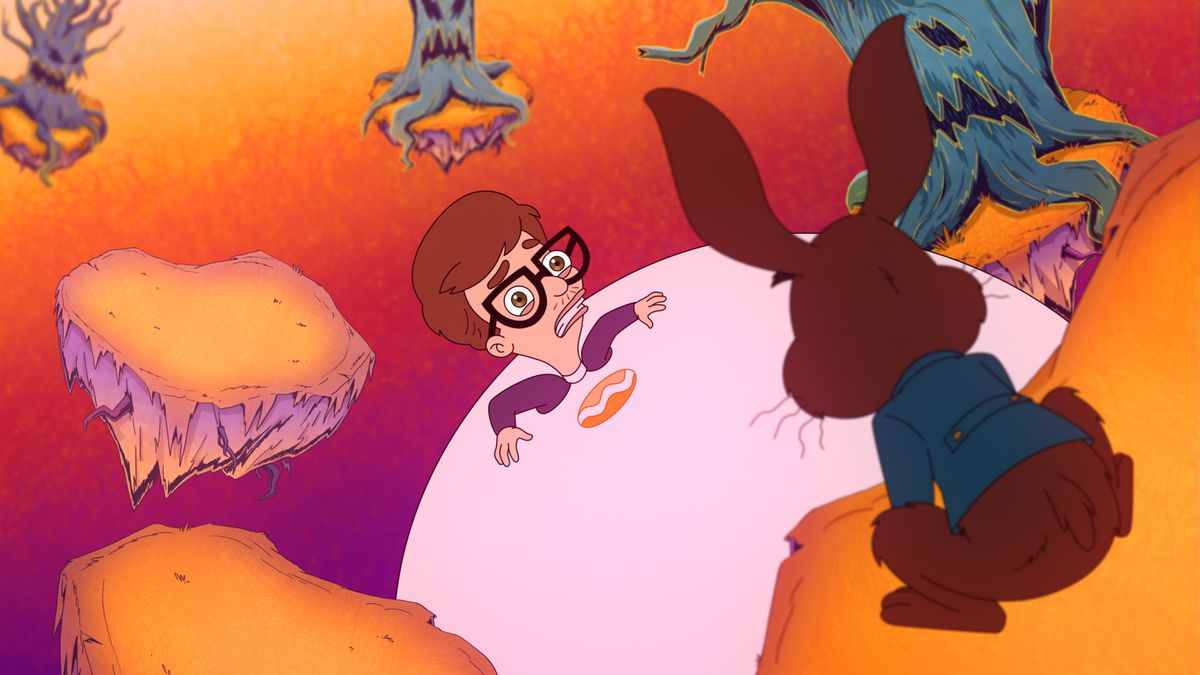 Andrew è a metà strada incastonato in una sfera bianca in un paesaggio surreale pieno di isole galleggianti e alberi morti arrabbiati, mentre un coniglio con un cappotto blu lo guarda nella quarta stagione di Big Mouth