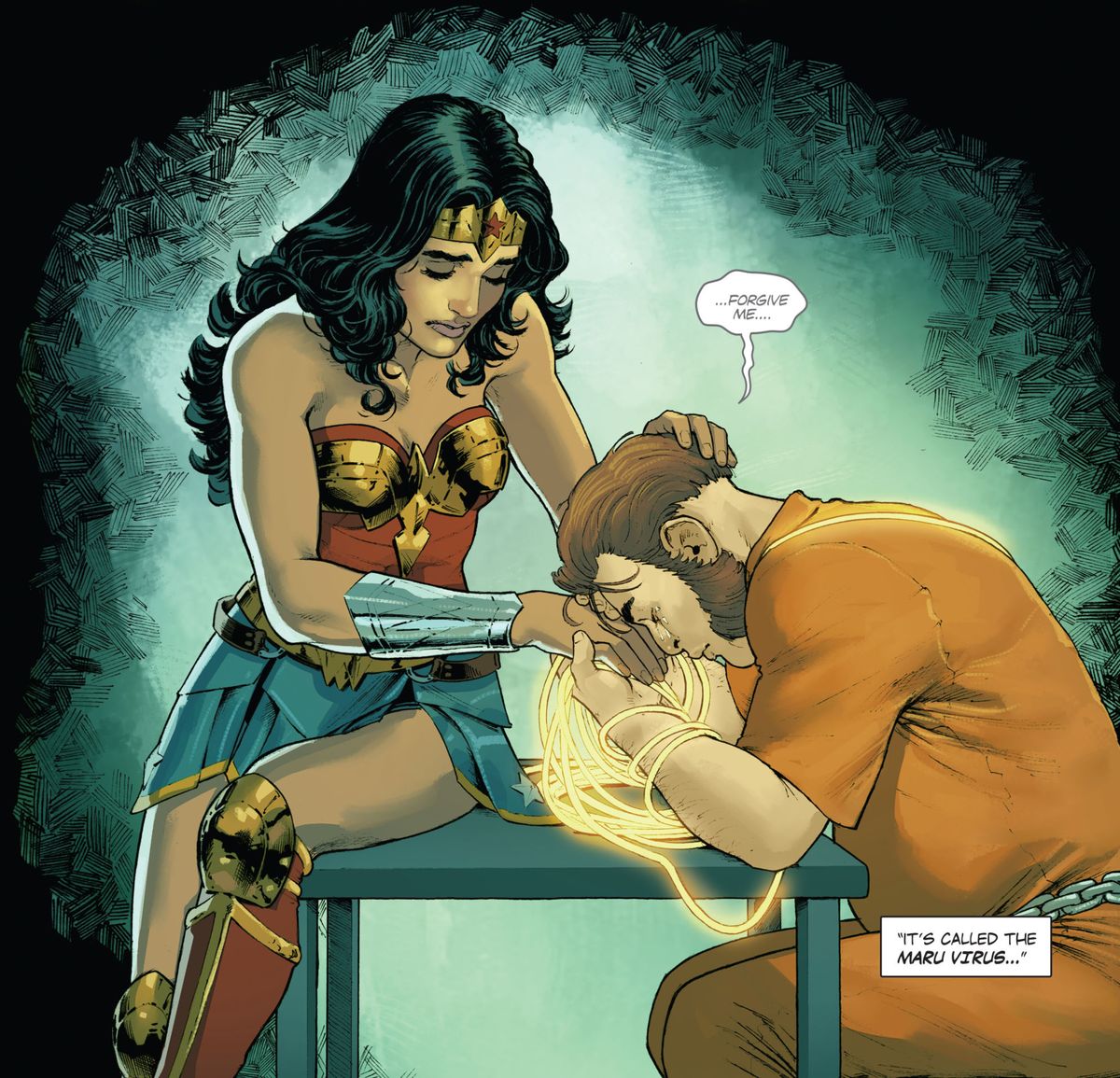 Wonder Woman conforta un uomo piangente e pentito in prigione, con le braccia avvolte nel suo lazo d'oro, in Wonder Woman # 12, DC Comics (2016).