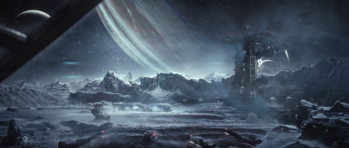 Un'inquadratura della superficie lunare di Callisto dal trailer cinematografico di The Callisto Protocol.