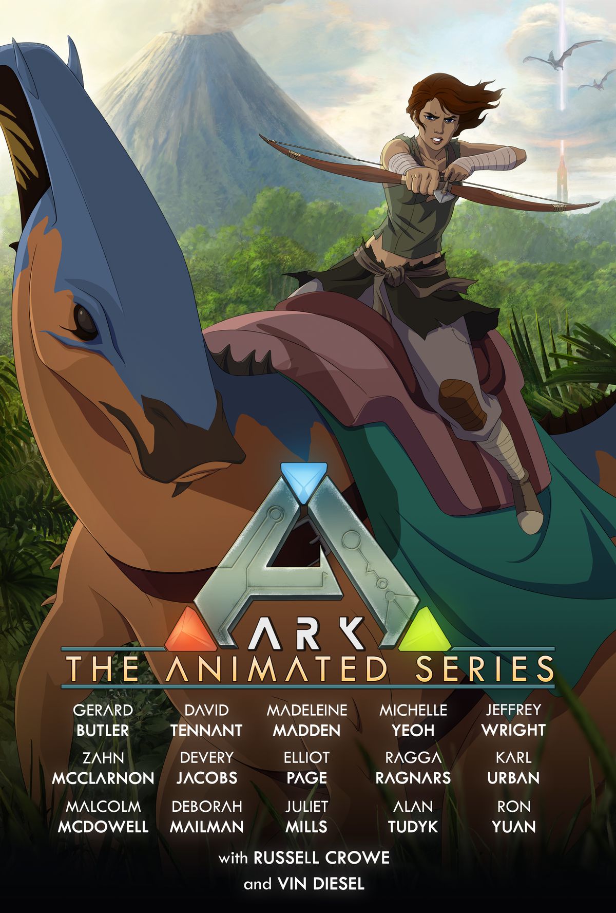 Il poster di Ark: The Animated Series mostra una giovane donna con un arco che cavalca un dinosauro dal becco d'anatra.