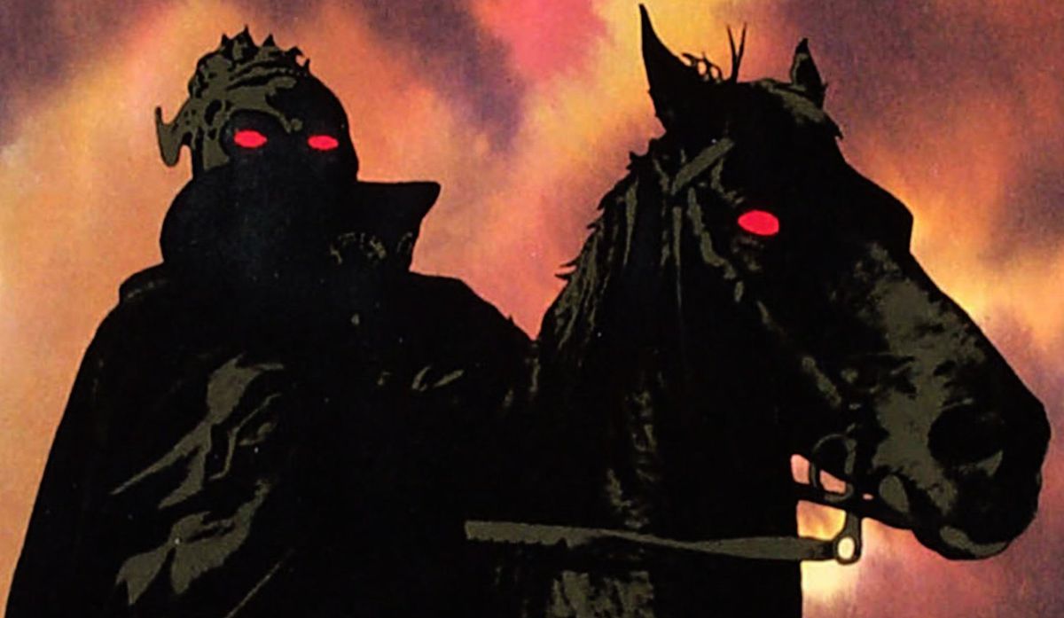 Un'immagine al rotoscopio di un uomo con gli occhi rossi in silhouette che cavalca un cavallo dagli occhi rossi in Il Signore degli Anelli di Ralph Bakshi