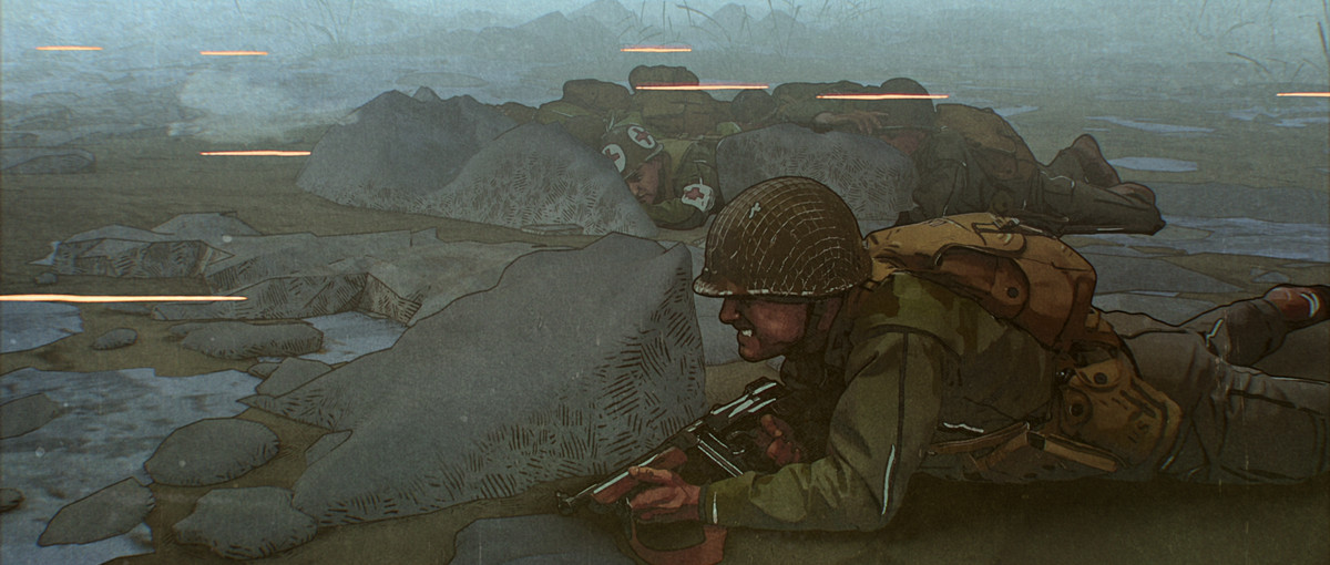 I soldati della seconda guerra mondiale giacciono prono in un campo con il fuoco tracciante che sfreccia in The Liberator