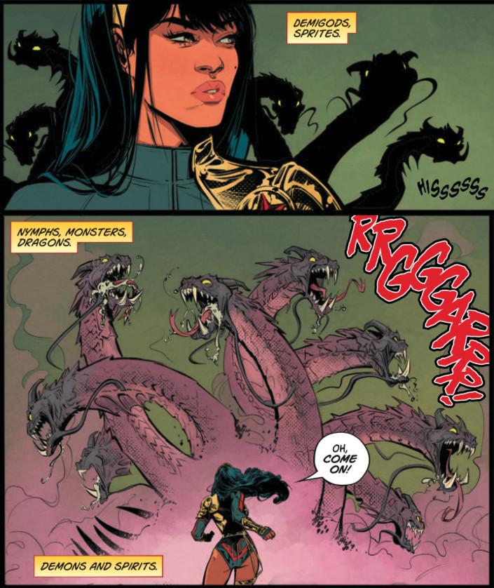 Yara Flor affronta 7 teste di idra, che sembrano draghi gatto