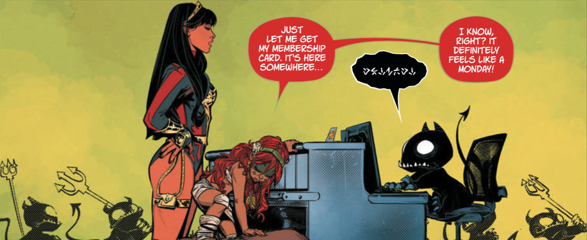 Yara Flor e Caipora incontrano un demone nell'Ade che siede a una scrivania usando un computer