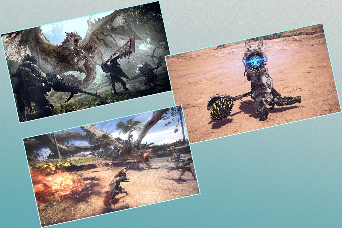 Three screenshots show Capcom’s Monster Hunter World — the company’s most successful single game to date