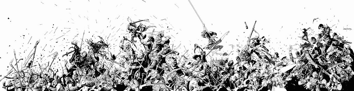 Un disegno a inchiostro bianco e nero della scena di battaglia di The Old Guard: Tales Through Time