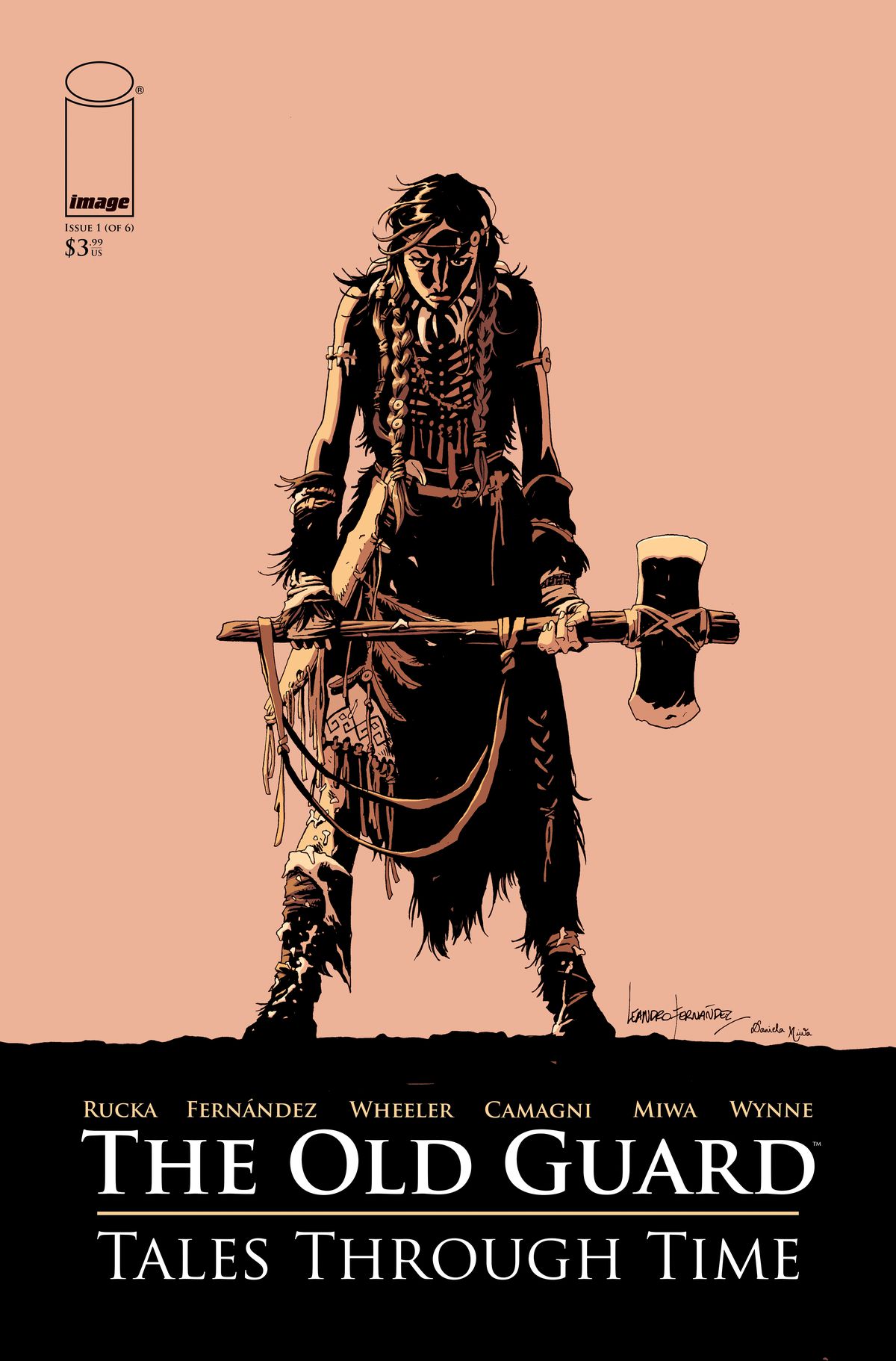 Copertina del numero 1 di The Old Guard: Tales Through Time - Una donna vestita di pelle di animale tiene in mano un'ascia di legno