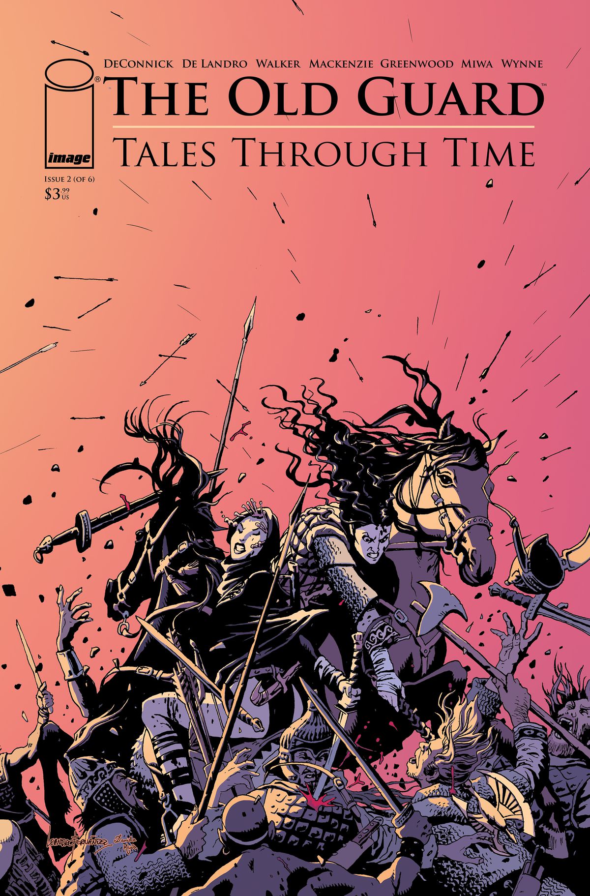 Copertina del numero 2 di The Old Guard: Tales Through Time - due donne guerriere a cavallo combattono un esercito