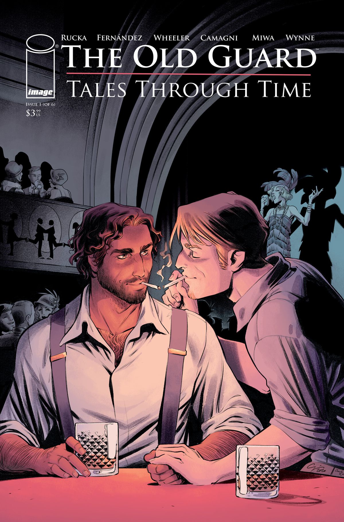 Copertina del numero 1 di The Old Guard: Tales Through Time - Nicky e Joe siedono in un bar con una donna che canta in sottofondo durante la seconda guerra mondiale