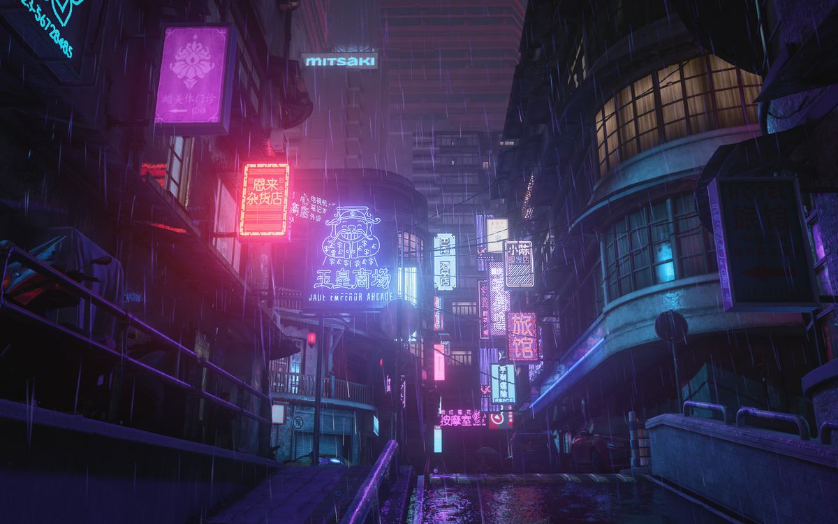 guardando le insegne al neon sopra una strada cittadina mentre piove a Chongqing in Hitman 3