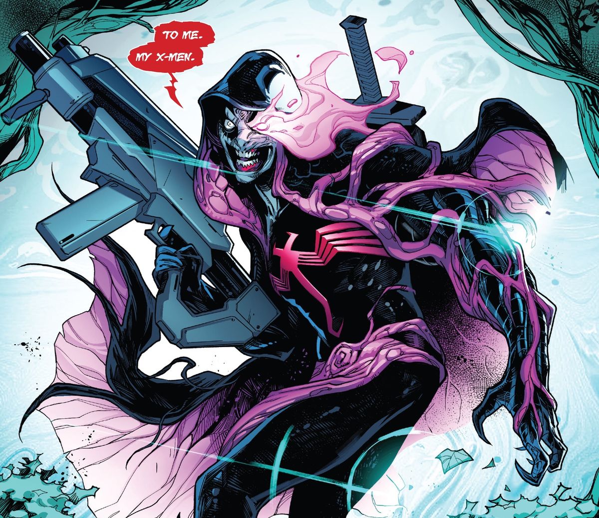 Cable attraversa un cancello K, dopo essere stato assorbito da un simbionte Knull, coperto da una versione velenosa del suo costume incappucciato, armato sia di una spada che di un'enorme pistola, in SWORD # 2, Marvel Comics (2021).