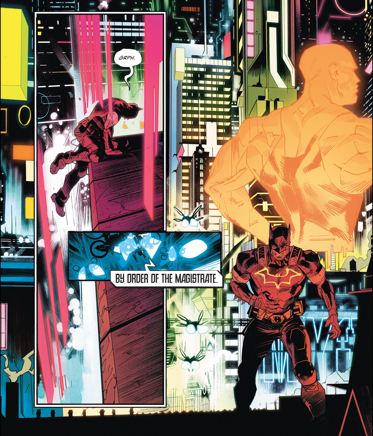 Un Batman ferito e senza mantello geme e si trascina oltre il bordo di un tetto in una Gotham piena di ologrammi e luci rosse in Future State: Dark Detective # 1, DC Comics (2021).