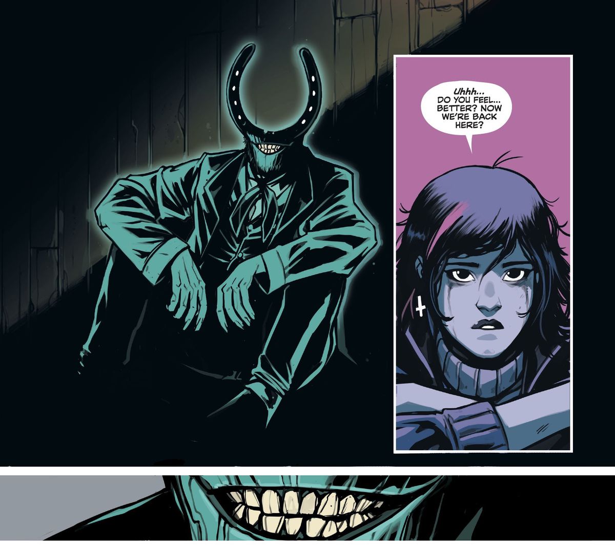 Una ragazza si accovaccia nell'oscurità con un uomo sorridente vestito con denti storti. Invece di una testa normale, sopra la sua bocca c'è semplicemente un grande ferro di cavallo, che finisce verso l'alto come le corna.