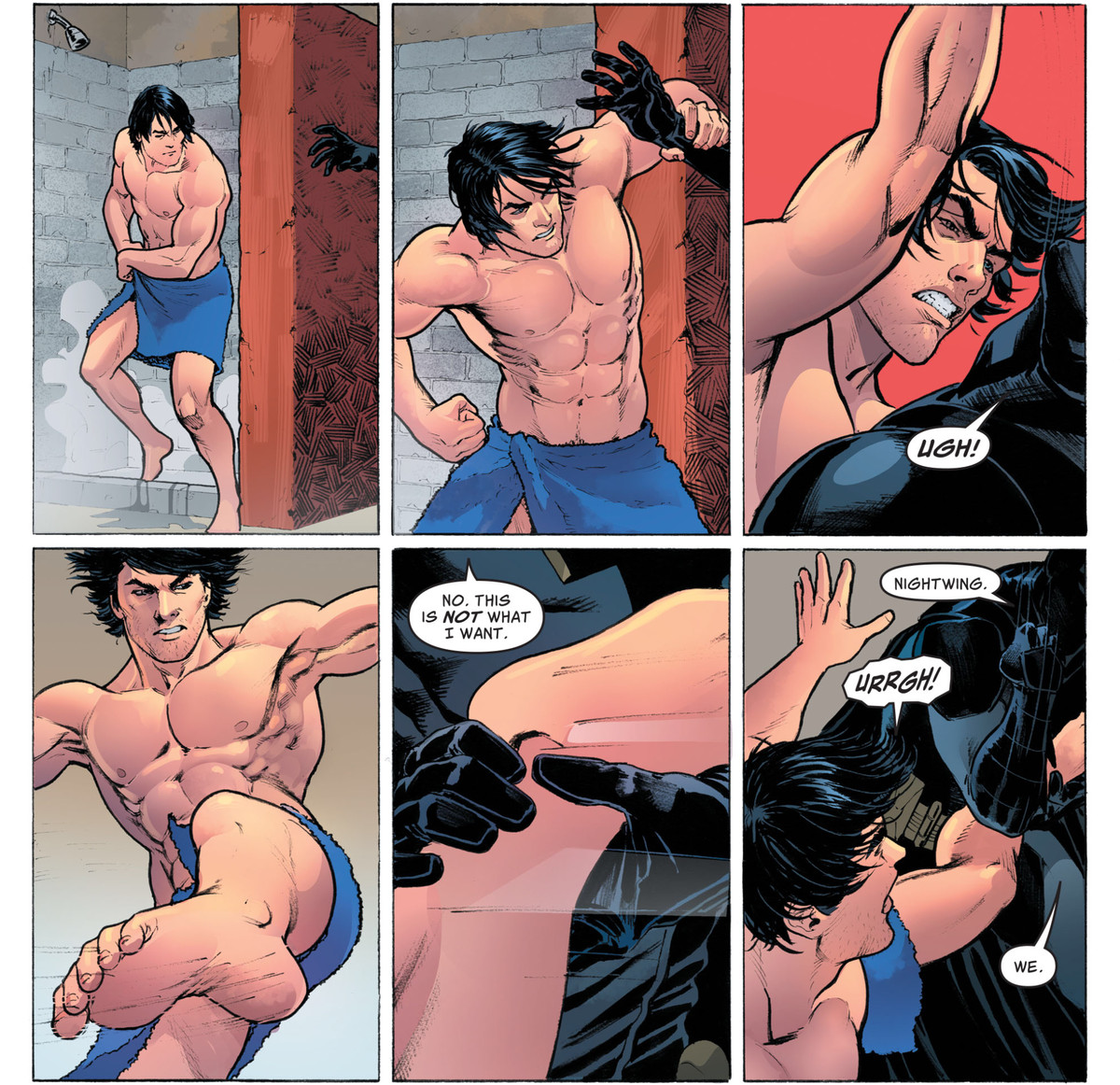 Nightwing esce da una doccia fumante, avvolgendosi un asciugamano blu intorno alla vita, prima di impegnarsi in una grande lotta a pugni con un misterioso aggressore in Future State: Nightwinge # 1, DC Comics (2021).