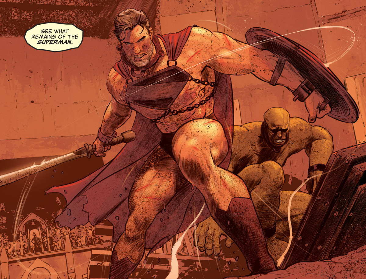 Un Superman dai capelli grigi e insanguinato esce da una gabbia di gladiatori su War World, vestito solo con mantello, biancheria intima, stivali e un simbolo di Superman incatenato al petto. Brandisce una spada e uno scudo mentre l'annunciatore grida