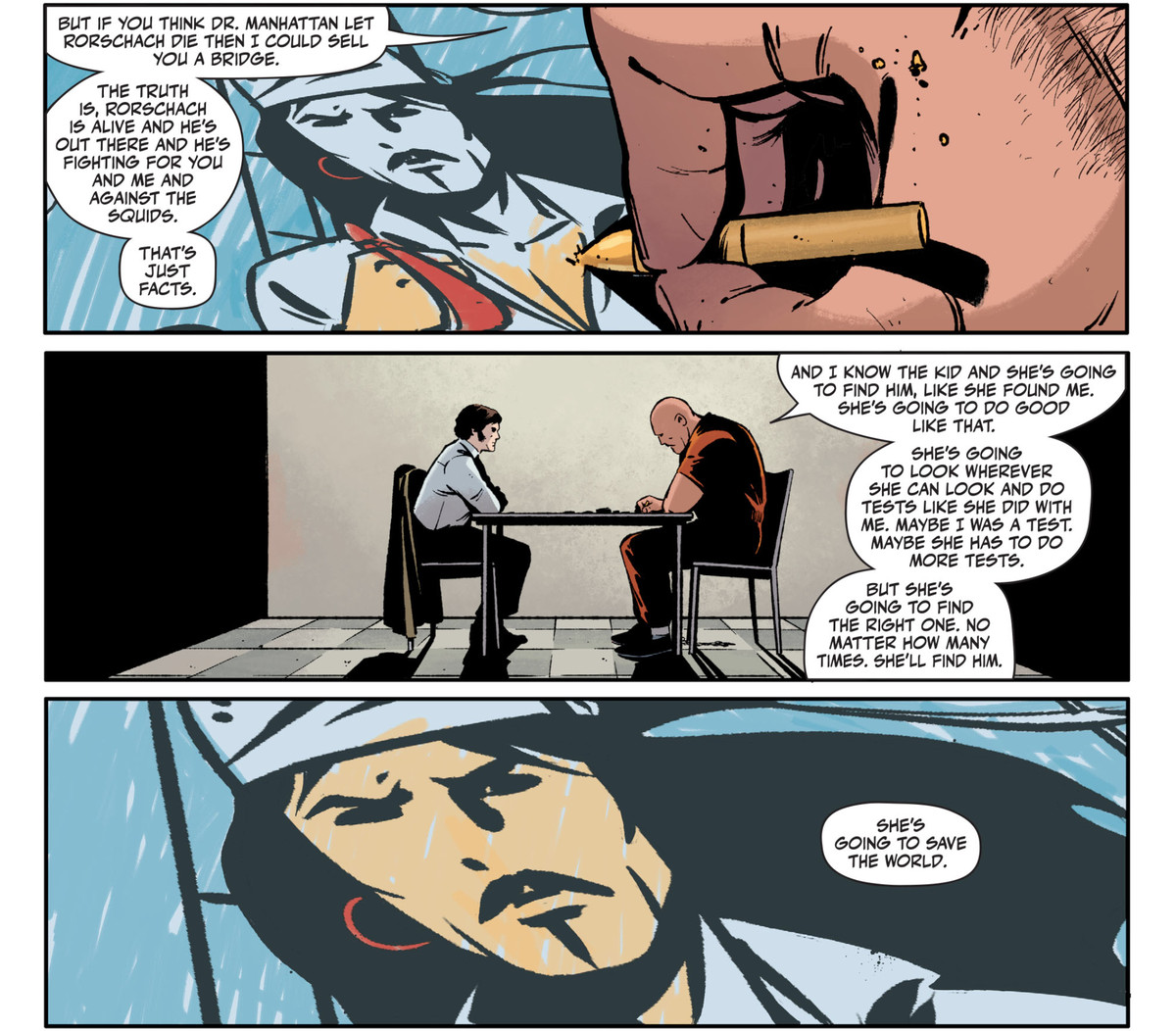 Un detenuto colora un disegno pirata con i pastelli, mentre descrive la sua ferma convinzione che il dottor Manhattan non abbia ucciso Rorschach, e il suo ex alleato ha la capacità di scoprire chi è il vero Rorschach incarnato e lo aiuterà a salvare il mondo, a Rorschach # 4, DC Comics (2021).
