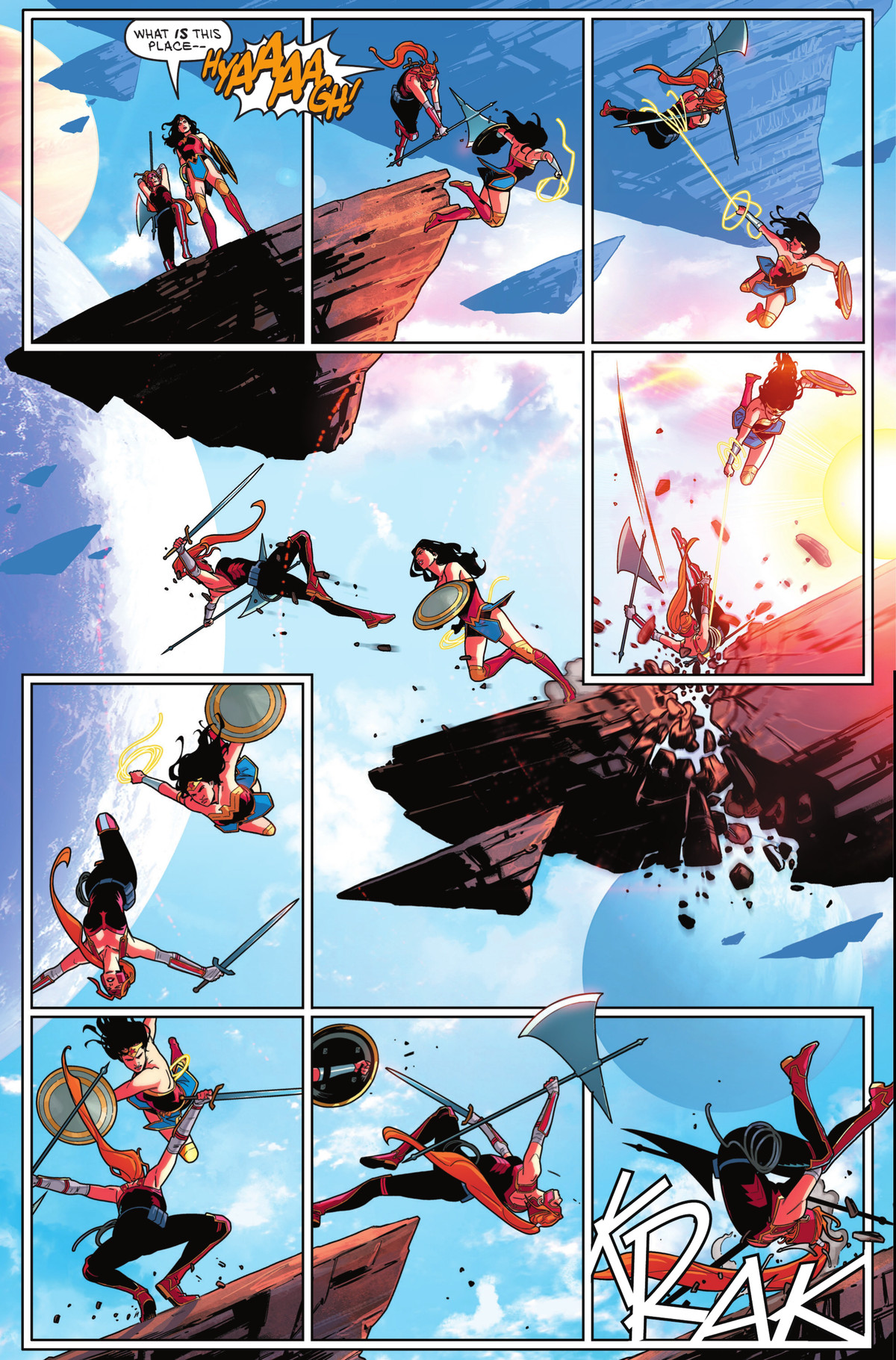 Wonder Woman e Artemis combattono e girano la pagina seguendo uno schema a S inverso, scontrandosi, saltando e tornando di nuovo insieme su una serie di rocce fluttuanti su uno strano piano, in Sensational Wonder Woman # 3, DC Comics (2021).
