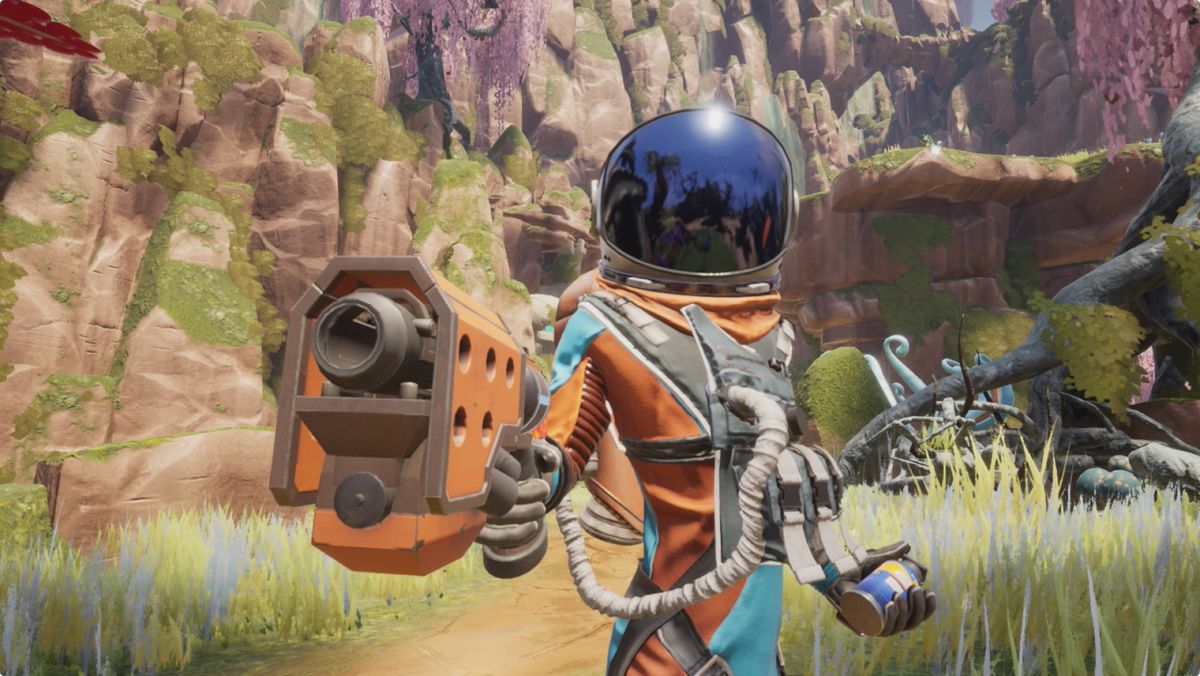 a corporate drone with a spacesuit and a pistol stands on an alien planet in Journey to the Savage Planet