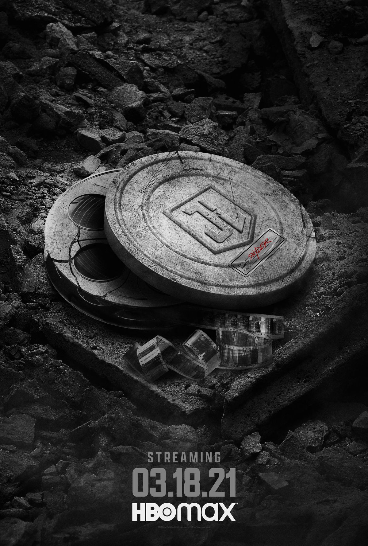 Poster della Justice League Snyder Cut con contenitori di pellicola