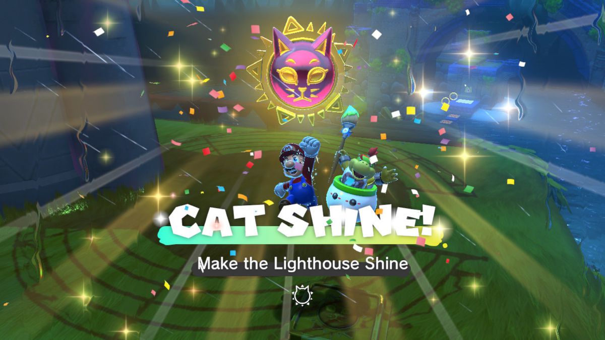 Mario e Bowser Jr. festeggiano ricevendo un Cat Shine