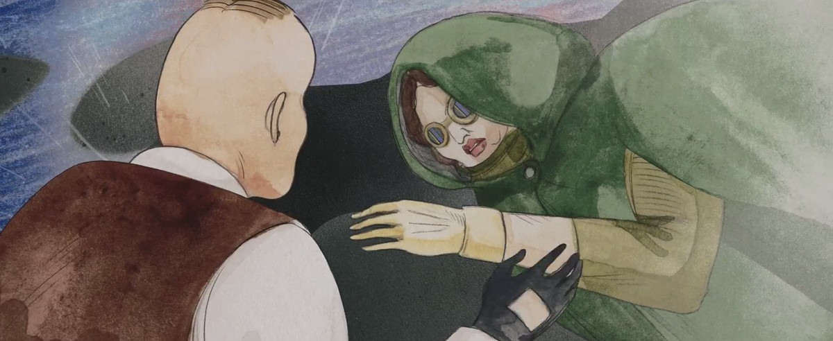 Una donna ferita con un mantello verde e occhiali protettivi giace sotto la pioggia mentre il suo rivale si trova su di lei in Cryptozoo