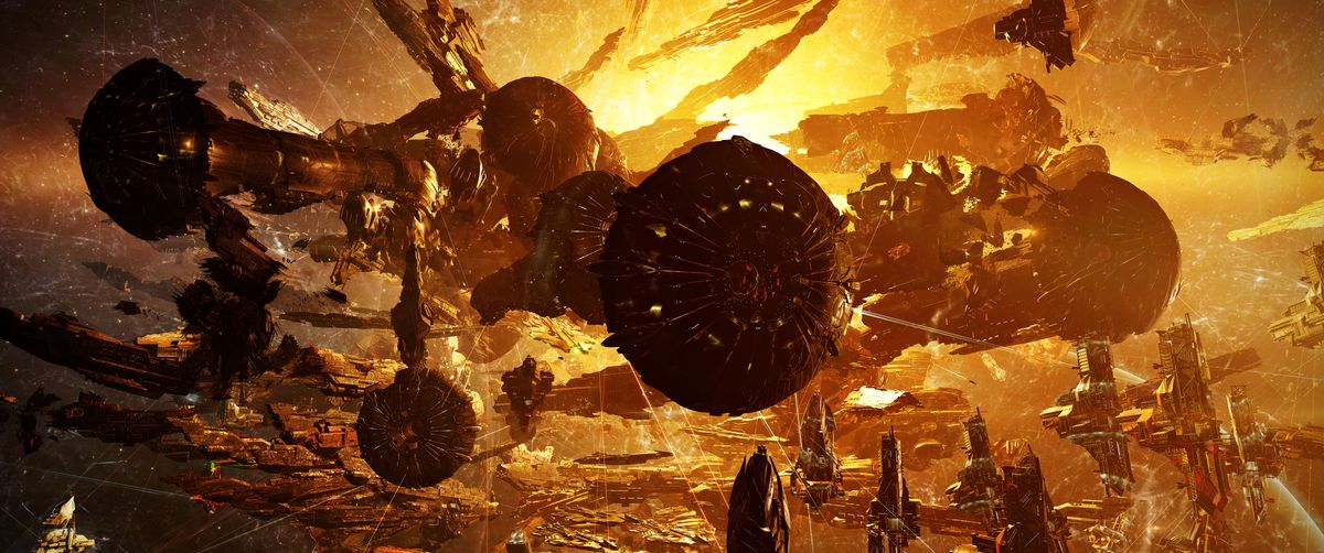 Astronavi alte e snelle come edifici per uffici circondano navi molto più grandi, a forma di disco, che esplodono di luce gialla.