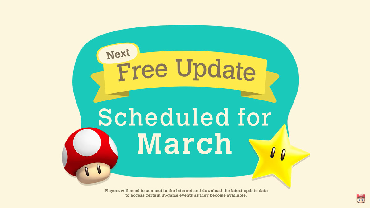 Testo che dice: Avanti Free Aggiornamento previsto per marzo, con un fungo mario e una stella d'oro