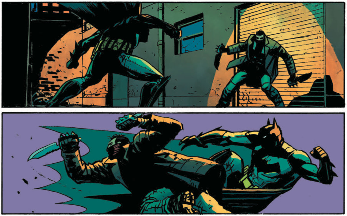 Successivo Batman aka Tim Fox in Future State picchia un membro di una gang di maschere di Bane