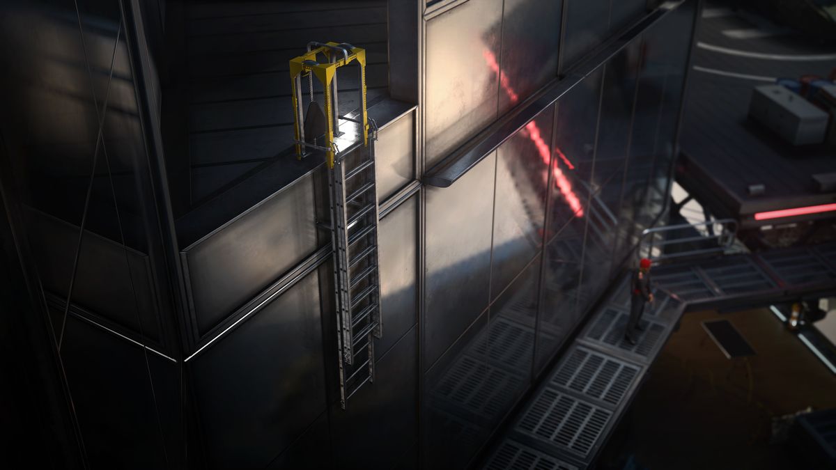 una scala con un meccanismo di bloccaggio in metallo giallo nella parte superiore, che sale da una passerella, a Dubai in Hitman 3