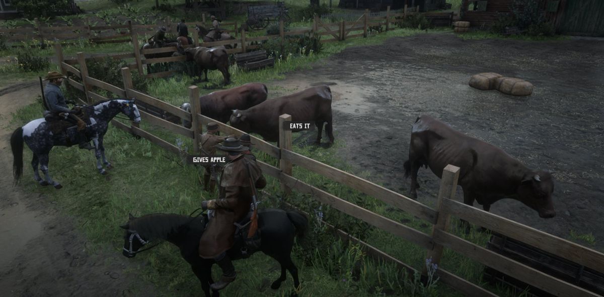 Red Dead Online: un giocatore, in qualità di cowboy, porge alla mucca una mela con la didascalia