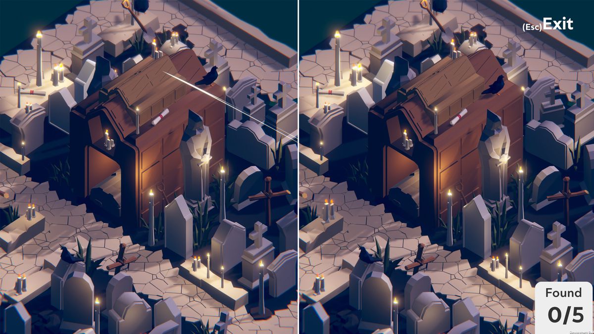 una scena oscuramente illuminata di una chiesa e di un cimitero