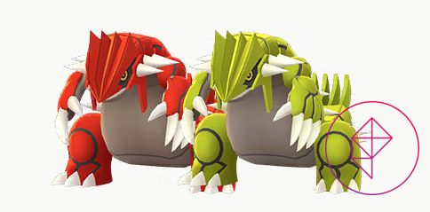 Groudon con la sua forma lucida. Shiny Groudon è giallo invece che rosso.