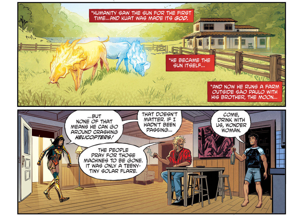 In completo costume, Yara Flor entra nel normale soggiorno di due fratelli, i tradizionali dei brasiliani del sole e della luna per ammonire il fratello del sole per aver abbattuto un elicottero all'inizio della giornata, in Future State: Superman / Wonder Woman # 1, DC Comics (2021).