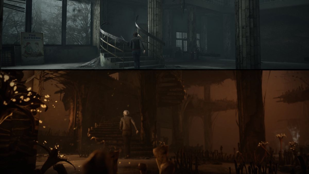 The Medium utilizza un effetto schermo diviso per mostrare il mondo reale e il mondo degli spiriti, entrambi i quali la protagonista Marianne può navigare