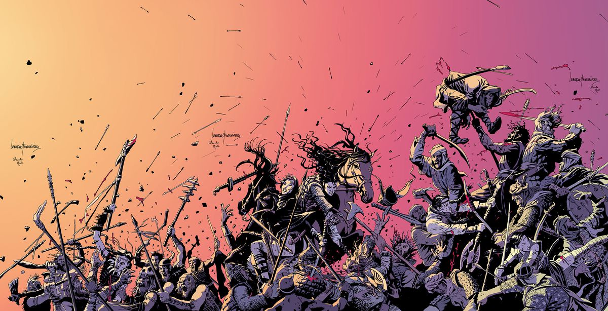 Due donne a cavallo combattono contro un esercito in The Old Guard: Tales Through Time