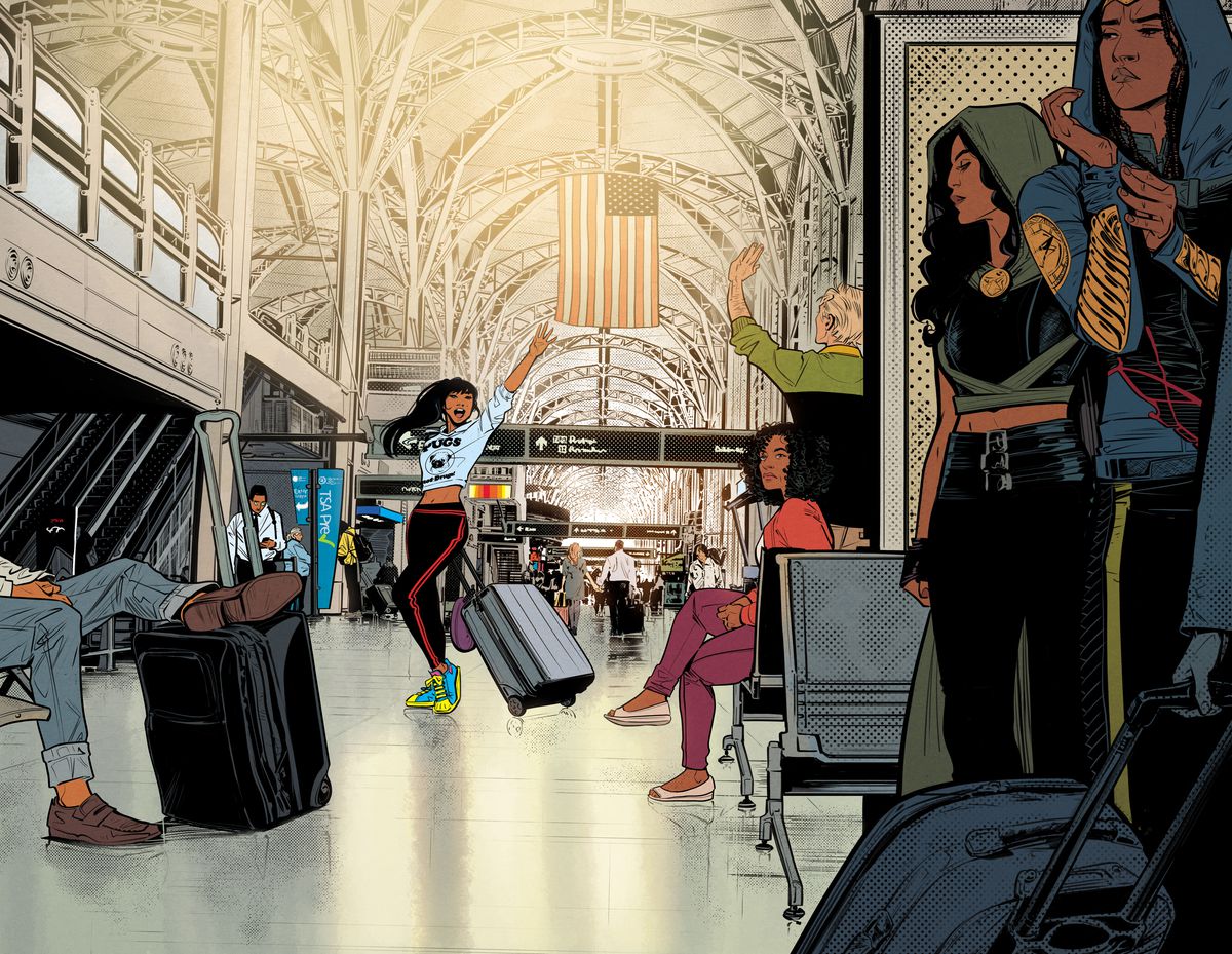 Yara Floor waves goodbye in an airport, while two hooded women observe suspiciously, in Infinite Frontier #0, DC Comics (2021).
