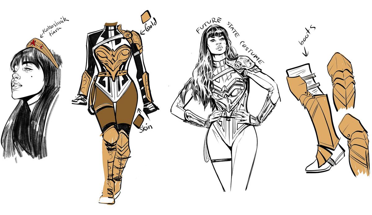 Concept art of Yara Flor’s Future State costume, highlighting her Kokoshnik tiara, gold armor, and boots.