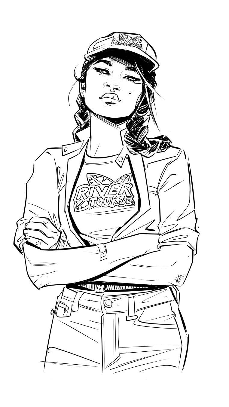 A black and white drawing of Yara looking bored and wearing a job uniform for River Tours.