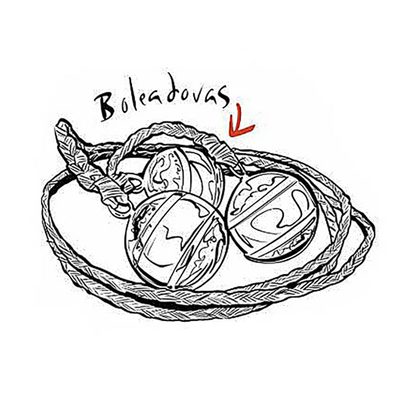 A black and white drawing of Yara Flor/Wonder Woman’s boleadoras, a braided rope weapon with three weights on the ends.