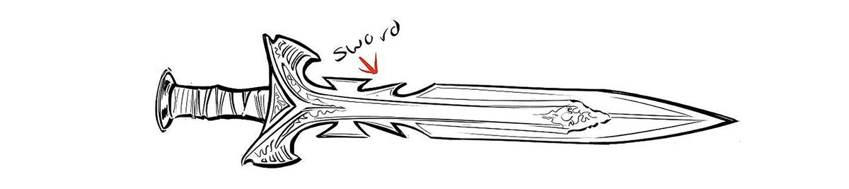 A black and white drawing of Yara Flor/Wonder Woman’s sword, which has a jagged blade close to its hilt.