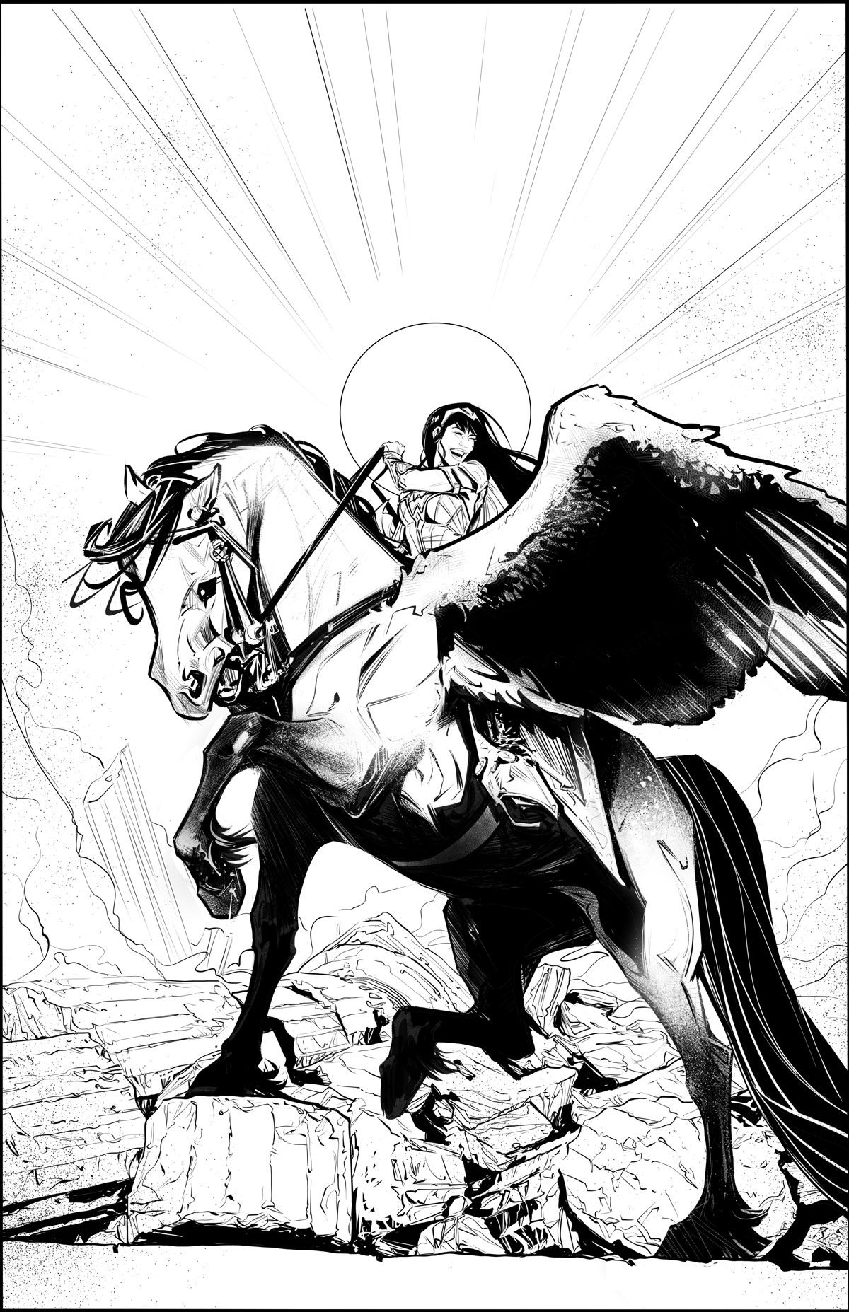 Yara Flor/Wonder Woman triumphantly astride her winged horse, Jerry.