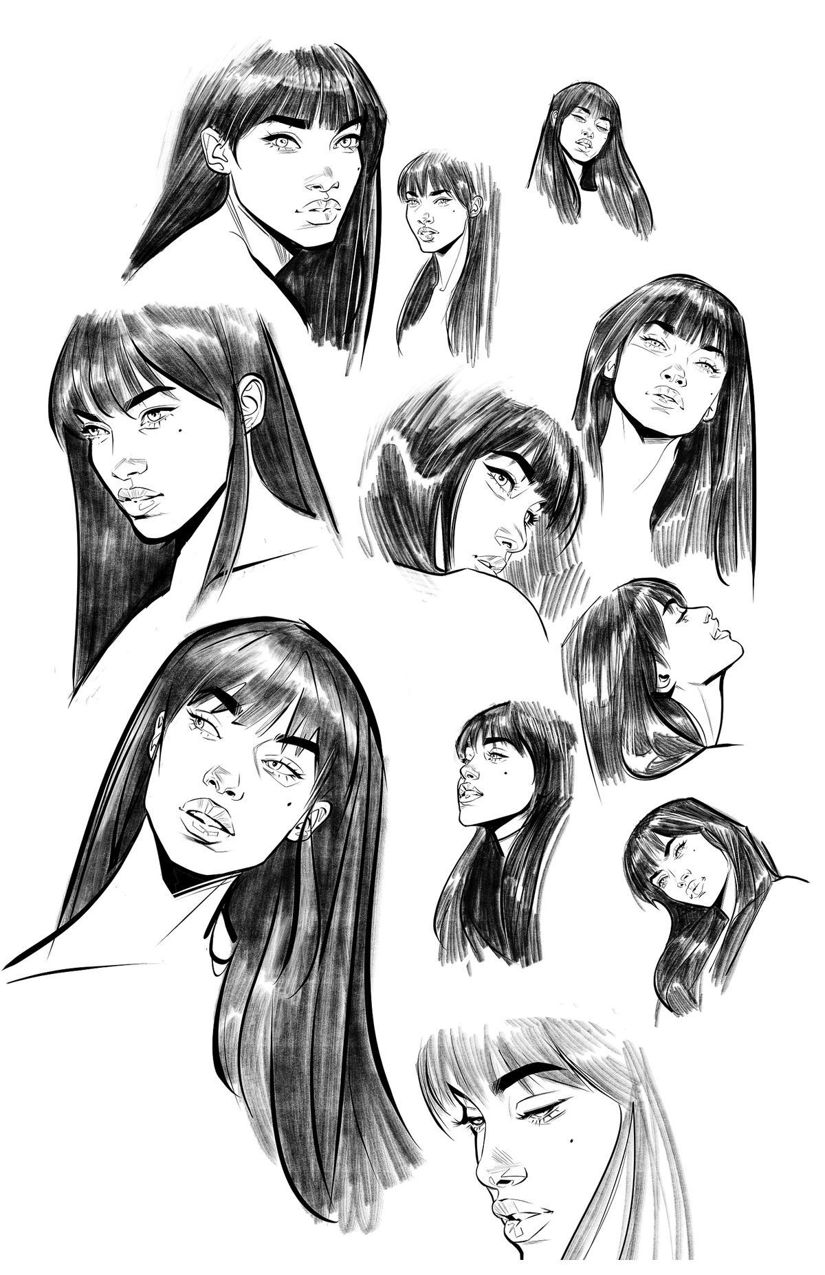 Nearly a dozen black and white studies of Yara Flor from the neck up, from different angles.