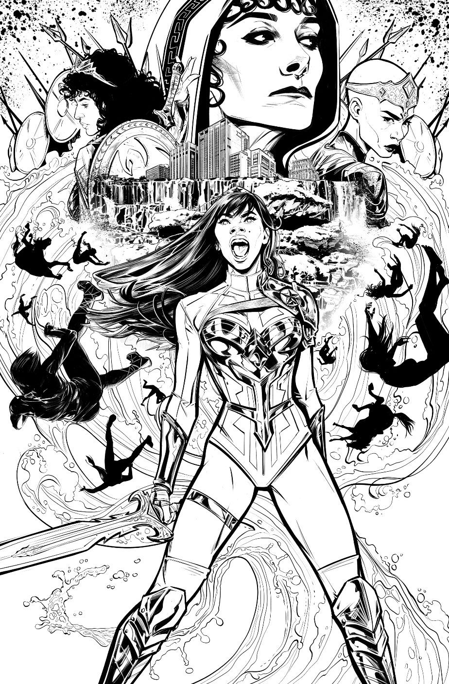 Yara Floor screams at the sky, sword in hand, surrounded by mysterious amazon faces and a crashing whirlpool of water, on the black-and-white cover of Wonder Girl #1, DC Comics (2021).