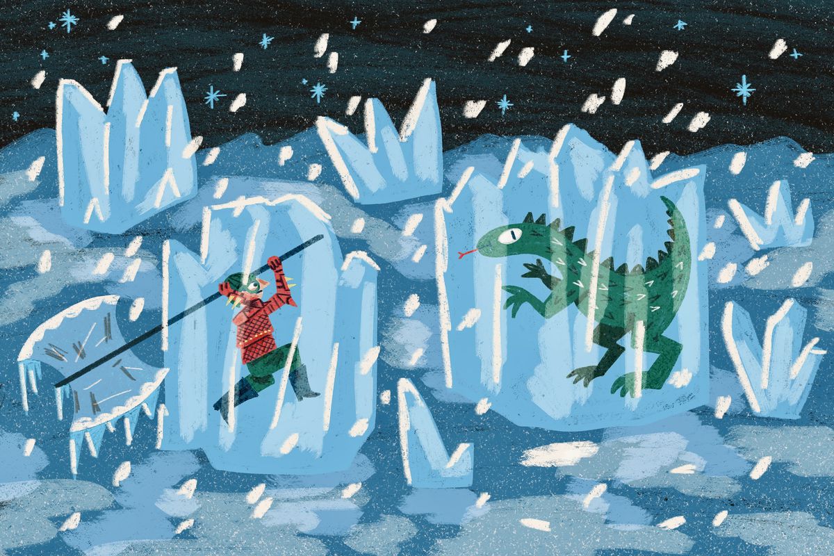 An original illustration shows a person with a spear fighting a dinosaur