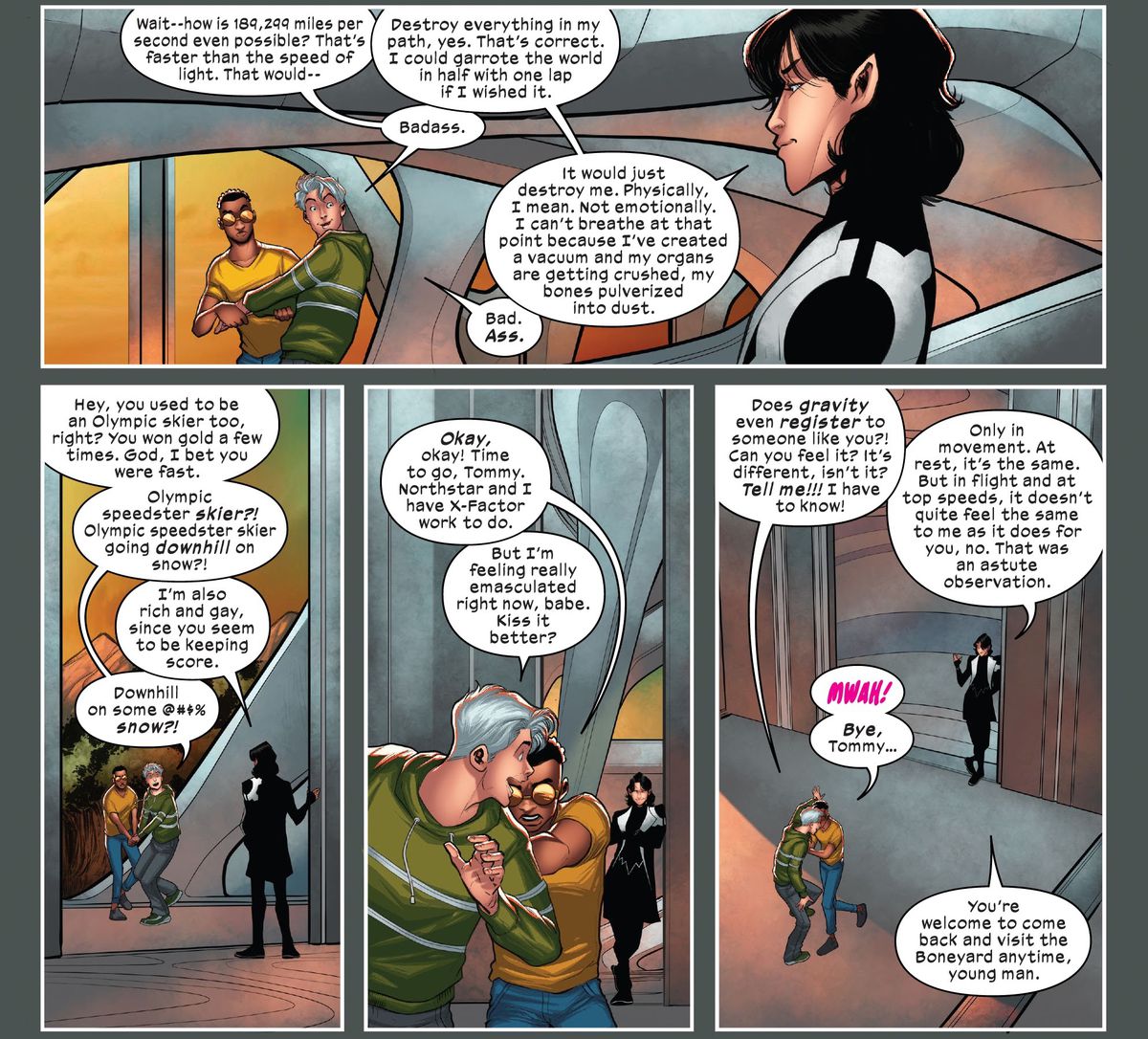 Prodigy tenta di far uscire il suo fidanzato Speed ​​dal quartier generale di X-Factor mentre Speed ​​fa impazzire Northstar con domande su quanto sia veloce e fico in X-Factor # 7.