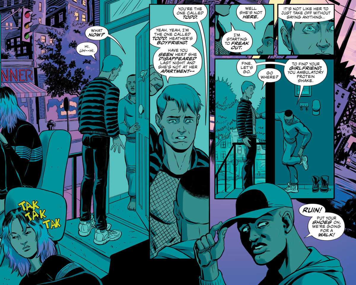 Todd, un ragazzo muscoloso con una maglia a rete, bussa alla porta dell'angolo in esilio Jophiel, la forma di un uomo di colore. Spiega che non riesce a trovare la sua ragazza Heather, e Jophiel chiama Ruin per dire che stanno andando a fare una passeggiata, in The Dreaming: Waking Hours # 7, DC Comics (2021).