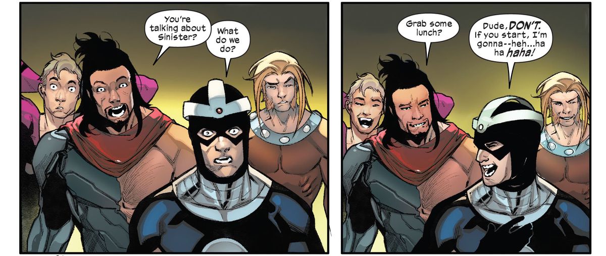 Gli Hellions reagiscono alla notizia che Mister Sinister è in difficoltà ridendo e suggerendo di andare a pranzare, in Hellions # 9, Marvel Comics (2021).