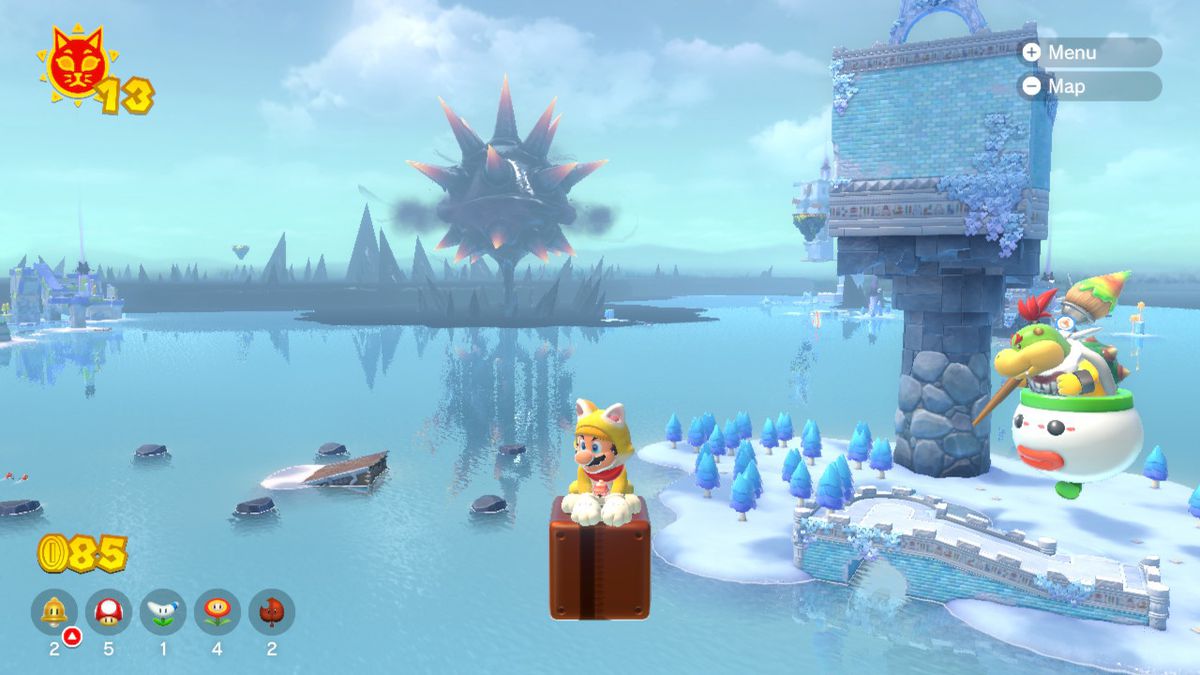 Mario, che indossa un costume da gatto, siede su un nero a centinaia di piedi sopra l'oceano. Sembra che non ci sia nessun posto dove possa saltare in sicurezza. Forse se ne andrà di qui fino allo scadere del tempo.